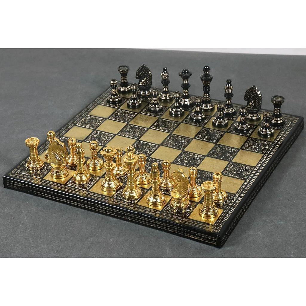 Brass Metal Chess Board Set With Velvet Storage Box-Hand Carved, Glossy Polish- Best For Home Decor & Gifting - Modern Classic Design (10X10 Inch)