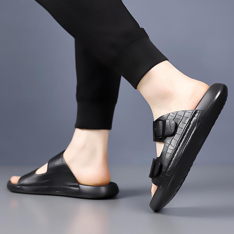 Fashion Summer Men Thick Bottom Slippers Leather High-quality Comfort Home Beach Vacation Slippers Casual Outdoor Breathable Beach Shoes