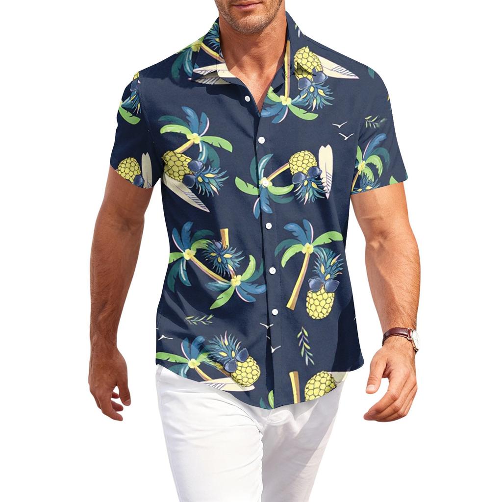 Men's Casual Loose Fit Hawaiian Short Sleeve Shirt Button Down Tropical Print Lightweight Summer Shirt for Beach Vacation and Daily Wear