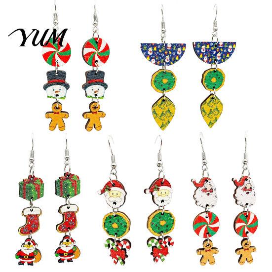 Christmas Fashion Jewelry 1 Pair Wooden Dangle Drop Earrings for Women, Cute Santa Holiday Wood Gingerbread Candy Cane Earrings, Vintage Winter Party