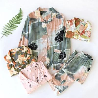 Novos pijamas femininos de primavera e verão, duas peças, viscose, calças de manga comprida, cardigan com flores grandes, conjunto confortável de serviço doméstico