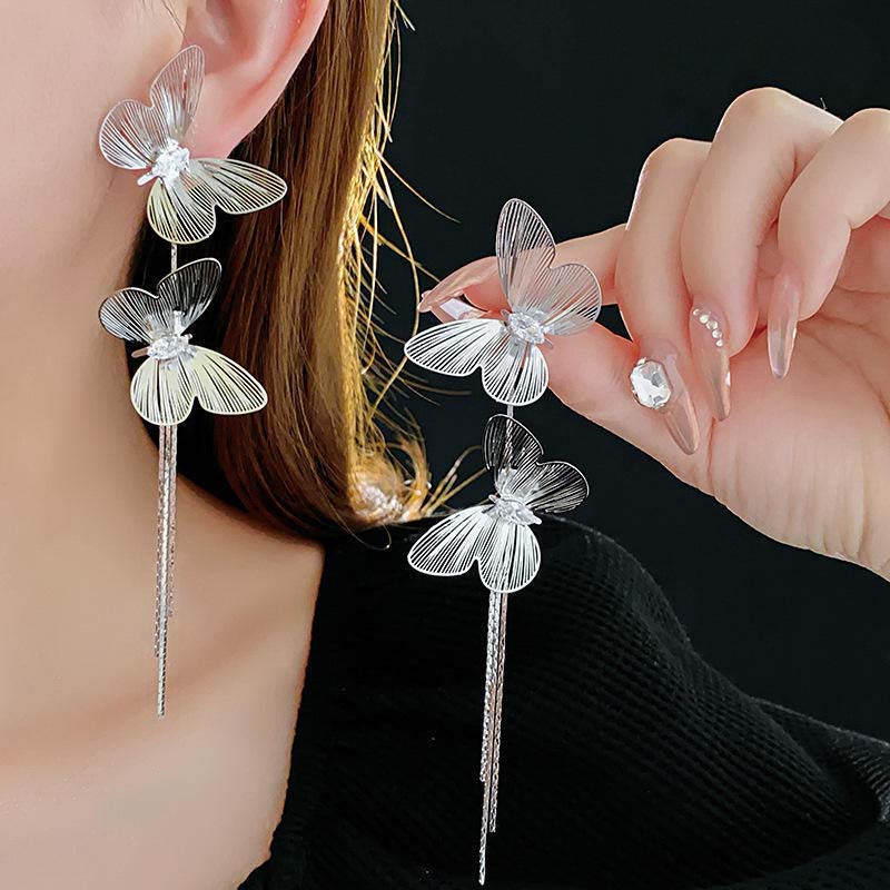Exaggerated Crystal Butterfly Long Tassel Earrings for Women Luxury Gold Color Metal Hollow Personality Drop Earrings Zircon