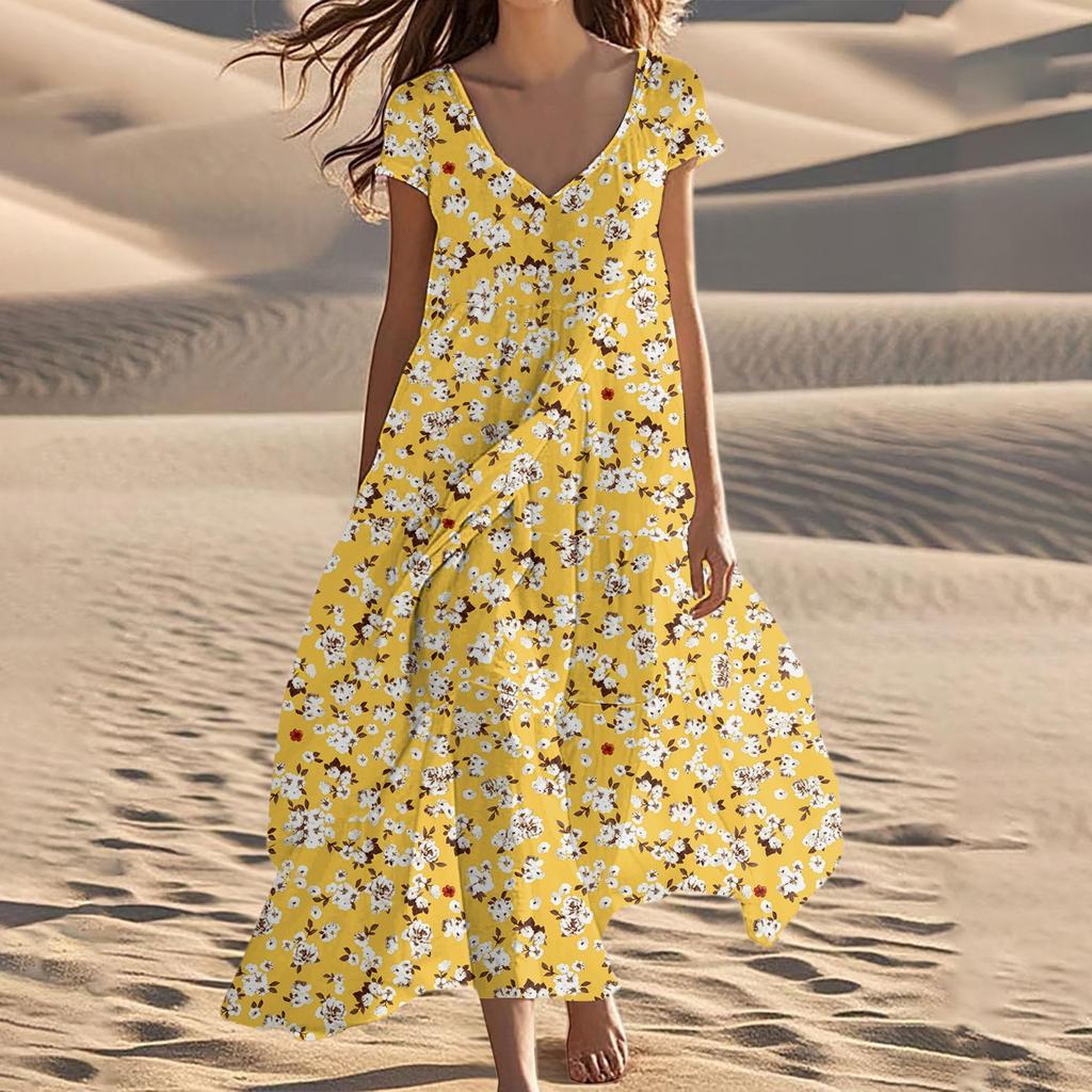 Damen Sommer Mode V-Ausschnitt Strand Lang Kurzarm Kleider mit Blumendruck