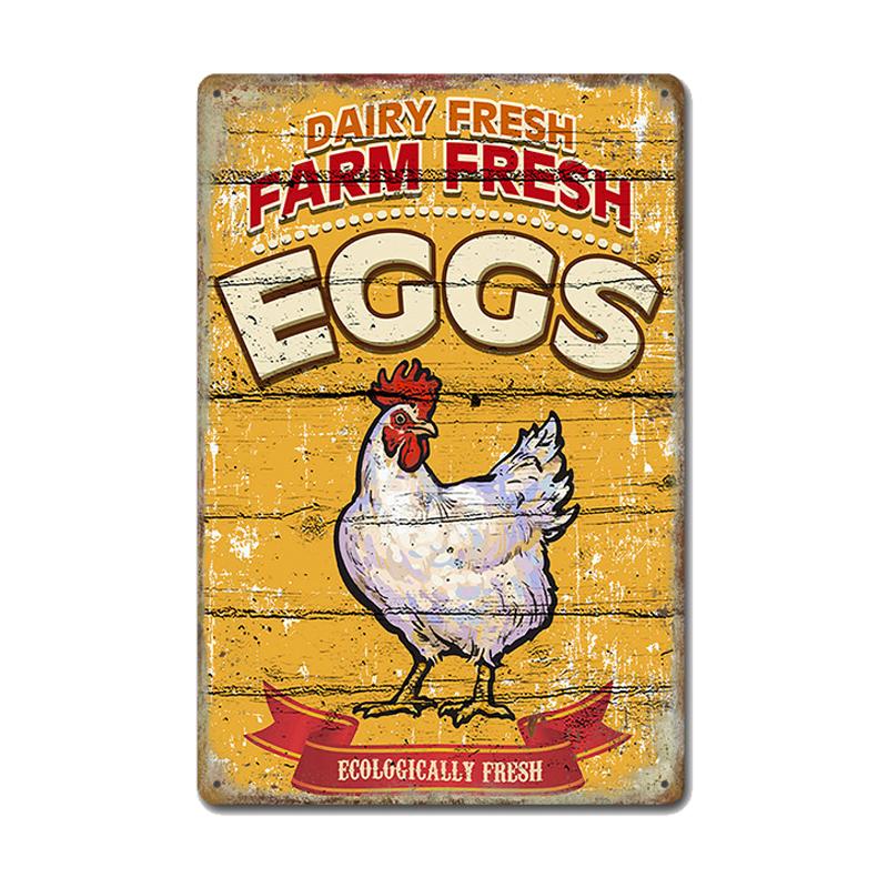 Chickens Tin Signs Metal Vintage Poster Rooster Hens Eggs Retro Plaque Wall Stickers Painting for Farm Door Home Decor