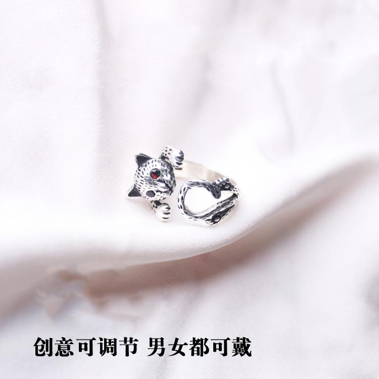 Retro Cute Inspired Cat S925 Sterling Silver Adjustable Ring For Occasion Every