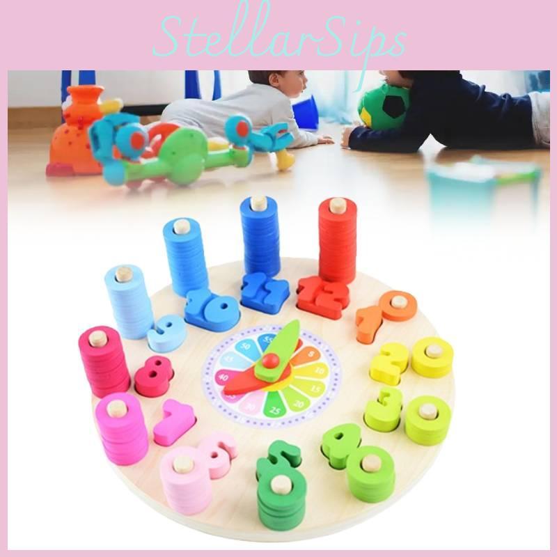 Children Wooden Educational Clock Montessori Ring Stacking Numbers Colours Toy