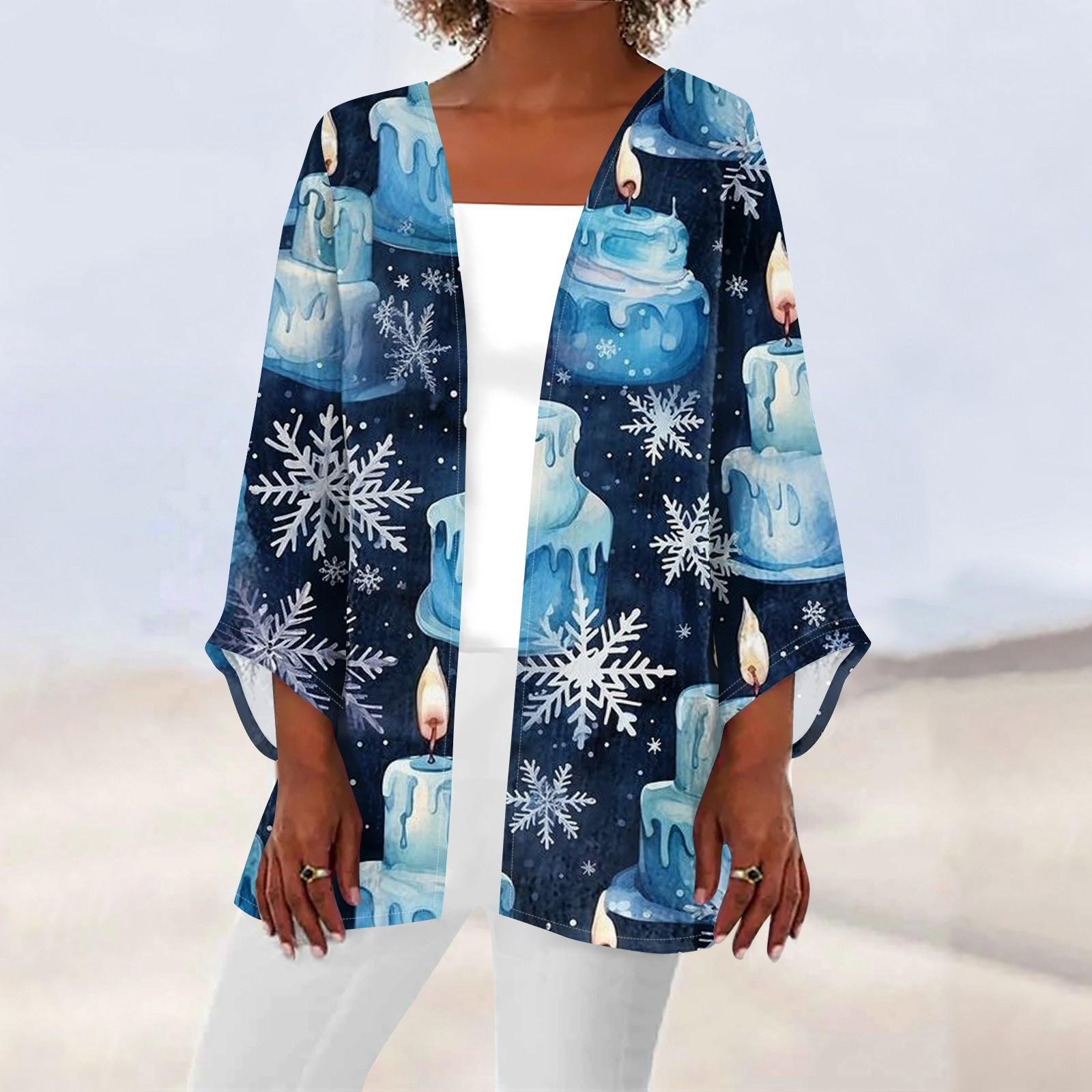 

Женская повседневная мода с рождественским принтом легкая куртка средней длины кардиган XXL