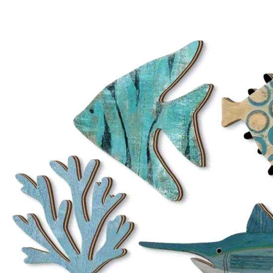 10Pcs Wooden Fish Wall Decoration School of Fish Beach Lake House Bathroom Wall Art Nautical Coastal Ocean Theme Hanging Ornament