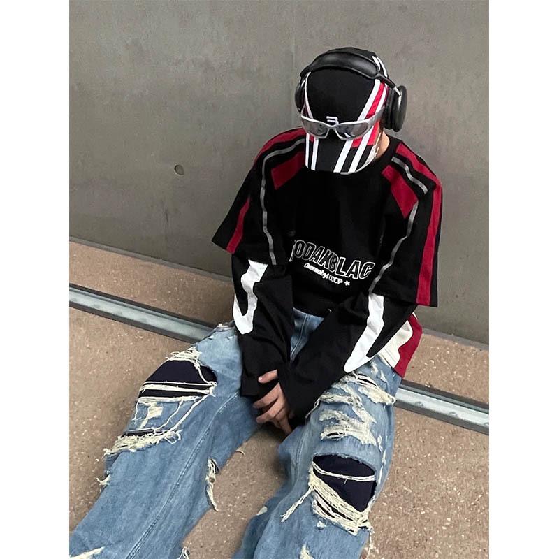 

Футболка с короткими рукавами в американском ретро-черно-красном гоночном костюме - модный стиль мотоцикла L чёрный