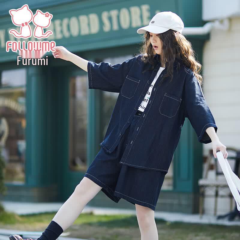 FuroMi Girls' Summer Loose Denim Two-Piece Set