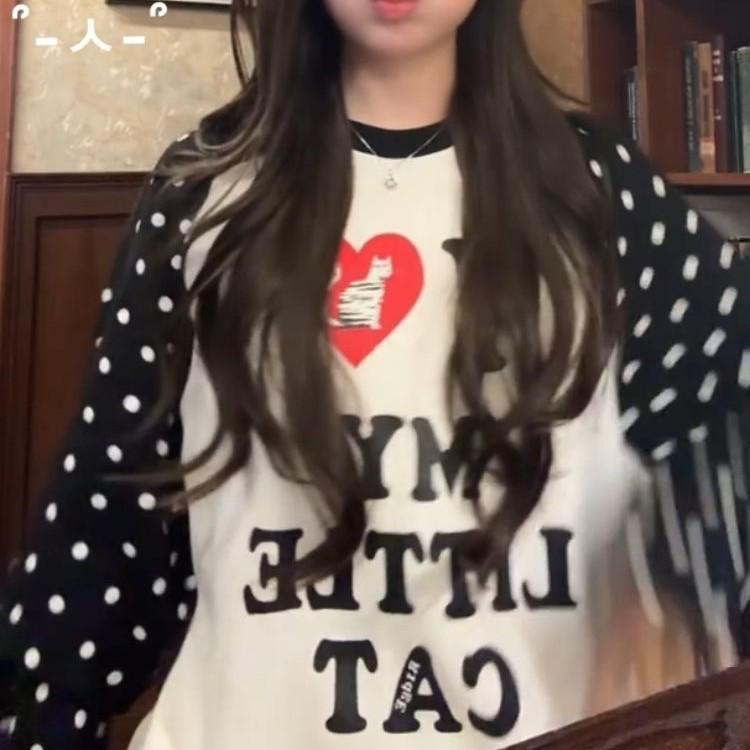 Pure Cotton Relaxed Polka Dot Letter Print Raglan T-Shirt 2XL