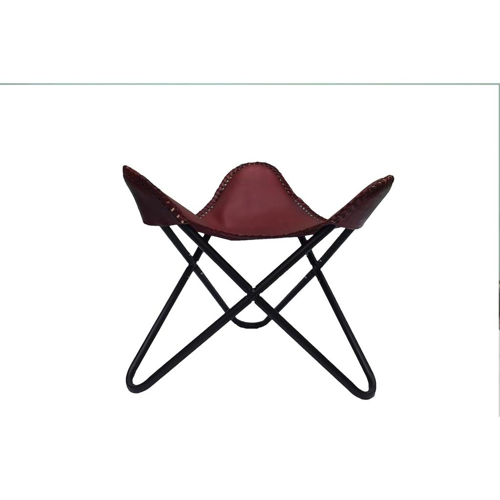 Leather Butterfly Chair with Ottoman Boho Home Décor/Living Room Chair- Cover with Folding Frame (Black Iron Frame)