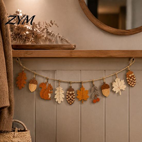 Sonnengebleichte Holzkunst Herbst Holzgirlande Dekoration, Rustikales Herbst Hängendes Ornament mit Eichhörnchen Terrassendekoration Ahornblatt Tannenzapfen, Ernte