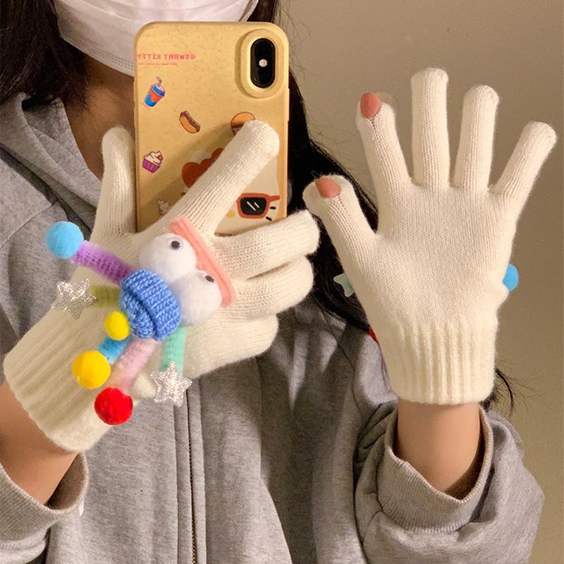 Cute Funny Gloves Women Winter Warm Five Fingers Electric Vehicle Riding Gloves Students Cold Plush