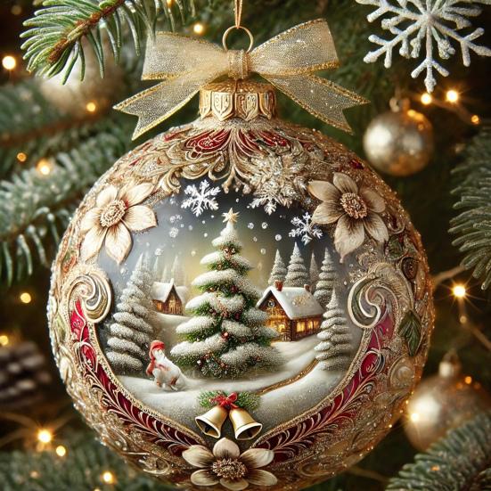 Elegant 2D Fairy Tale Planet Christmas Ornament with Snow Globe and Reindeer Motif