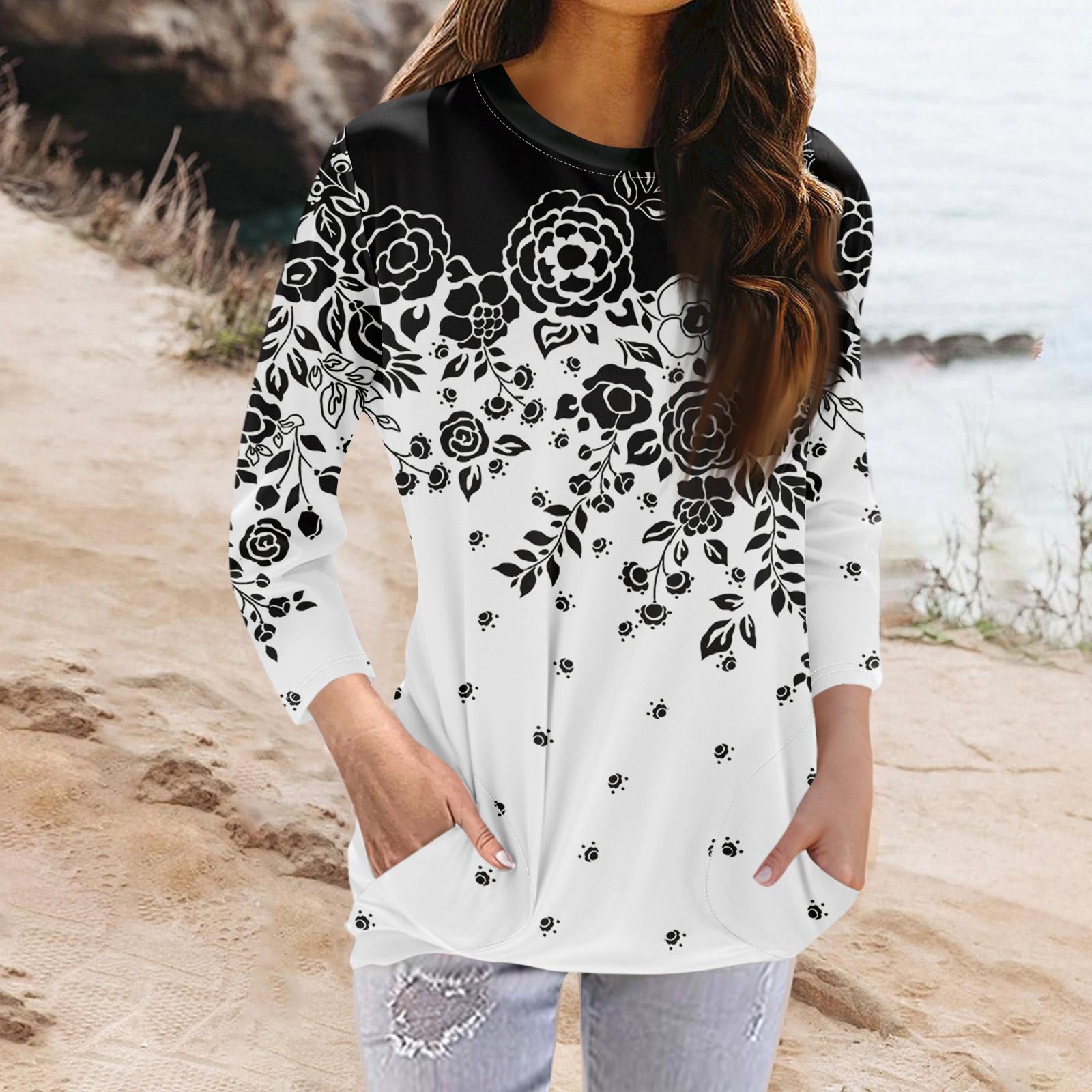 

Женская модная повседневная футболка с карманом и круглым вырезом с рукавами 3/4 и топом XXL чёрный