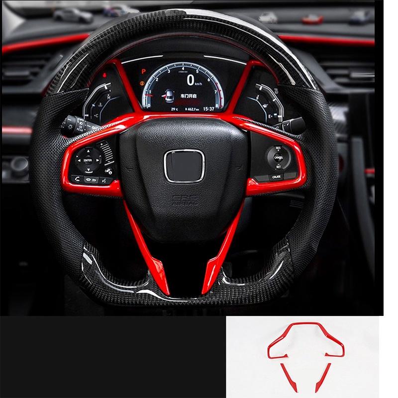 3Pcs Car Interior Steering Wheel Cover Trim Red Auto Interior Remodeling Decor for Honda Civic 10th 2016-2018