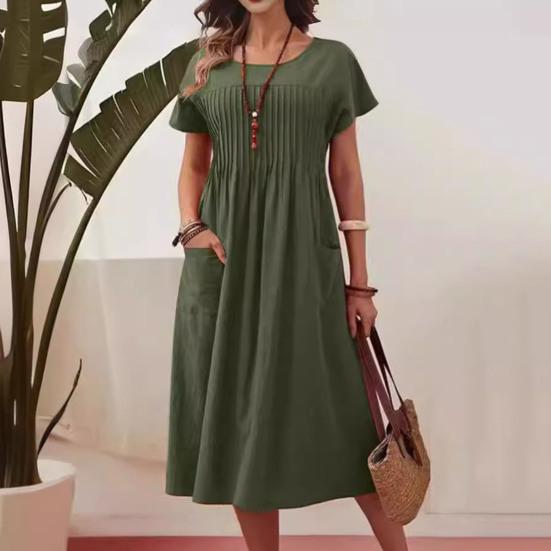 Women's Casual Dress Round Neck Short Sleeve Maxi Dress with Pocket Loose