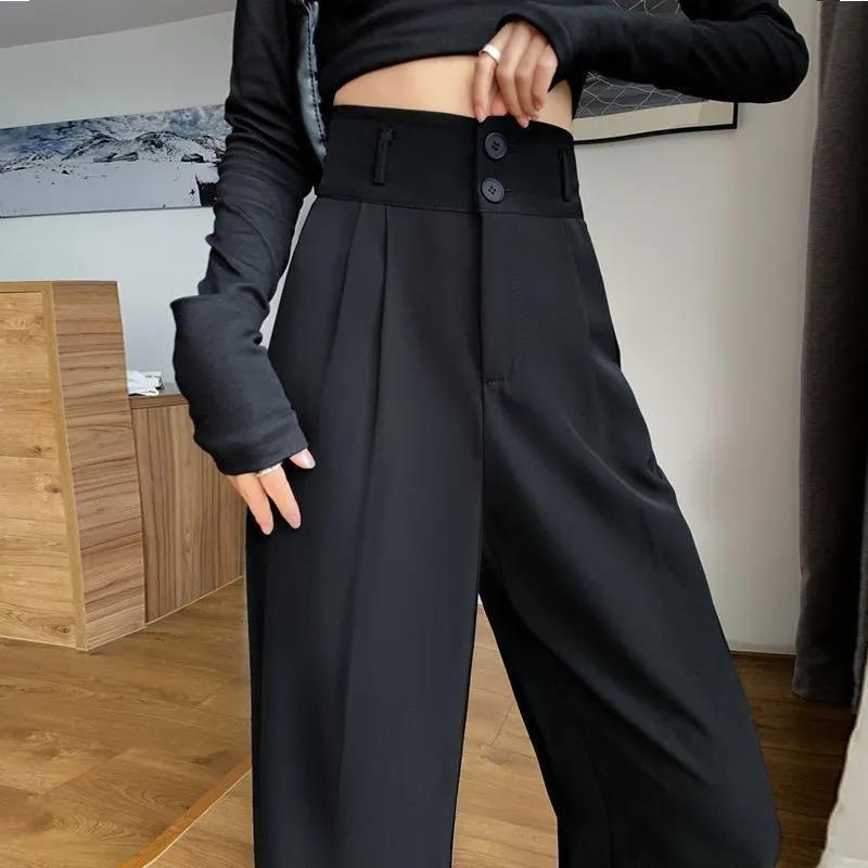 

High Waist Straight Tube Sagging Suit Pants Straight-leg Draped Suit Pants black S