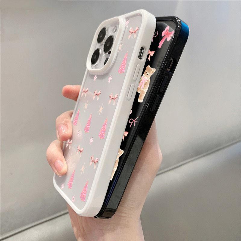 Pink Bow Bear Christmas Tree Phone Case for iPhone 17 16 15 14 13 12 11 Pro Max 12 Mini 16 Plus 16E 17Air Anti-Fall Clear Cover