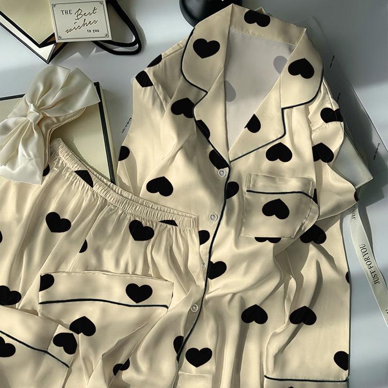 Summer Light Luxury High-Value Love Ice Silk Cool Pajamas Women'S Summer Long-Sleeved Two-Piece Loungewear Can Be Worn Outside