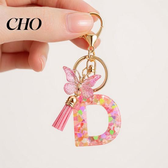 Pocket Keychain Pink Series Pendant, Sequins Heart Initial Letter Charm Key Chain with Backpack Butterfly Tassel Design, A-Z Holder for Bag