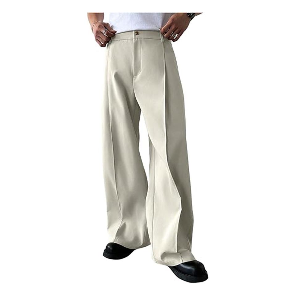 Men High Waist Pleated Wide Leg Dress Pants Straight Fit Casual Trousers