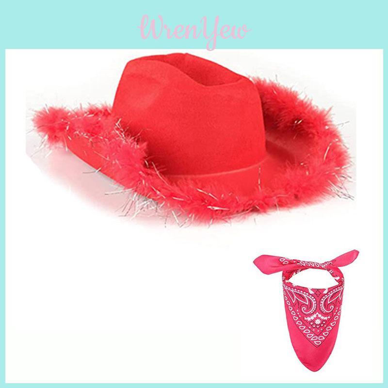 Cowboy Style Blue Fringe Wool Hat With Bandana For Christmas Costume Accessories