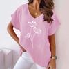 Summer Women's Floral Print Cotton Linen V Neck Casual Tshirt European American Style