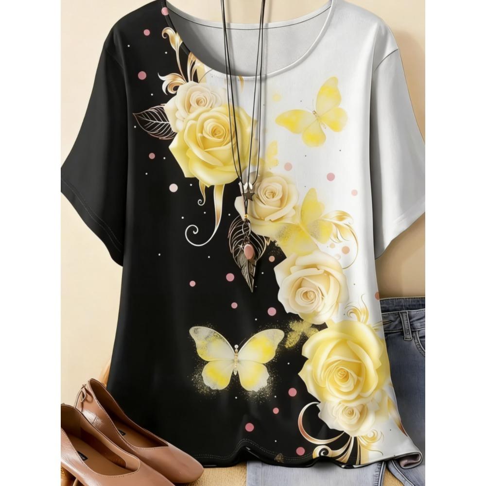 Beautiful Retro Colorful Butterfly Flowers 3D Printed Short Sleeved T-shirt Fashionable Comfortable Soft Breathable Large Loose Summer Womens T-shirt