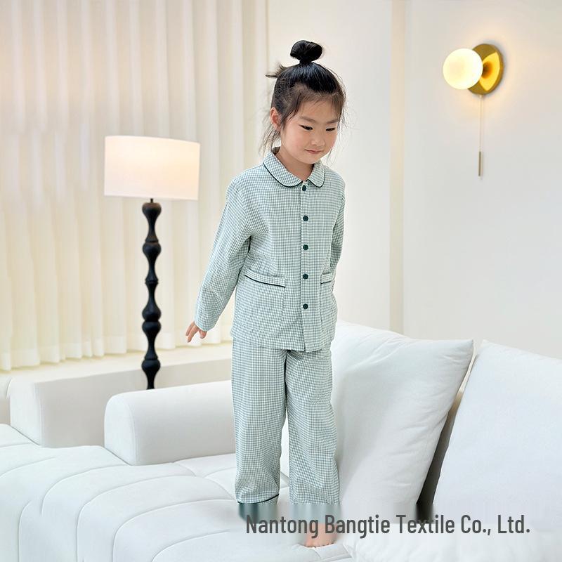 Plaid Trim Pure Cotton Children's Pajama Set - Autumn/Winter