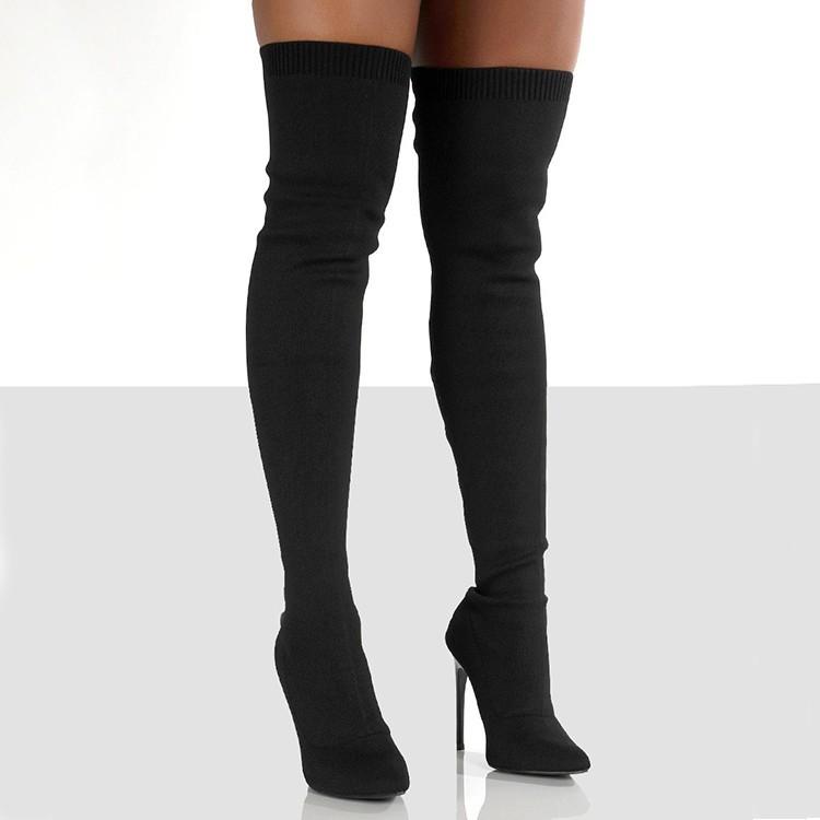 Large size women's boots autumn and winter new pointed thick heel solid color knee knitted wool thick socks knee boots
