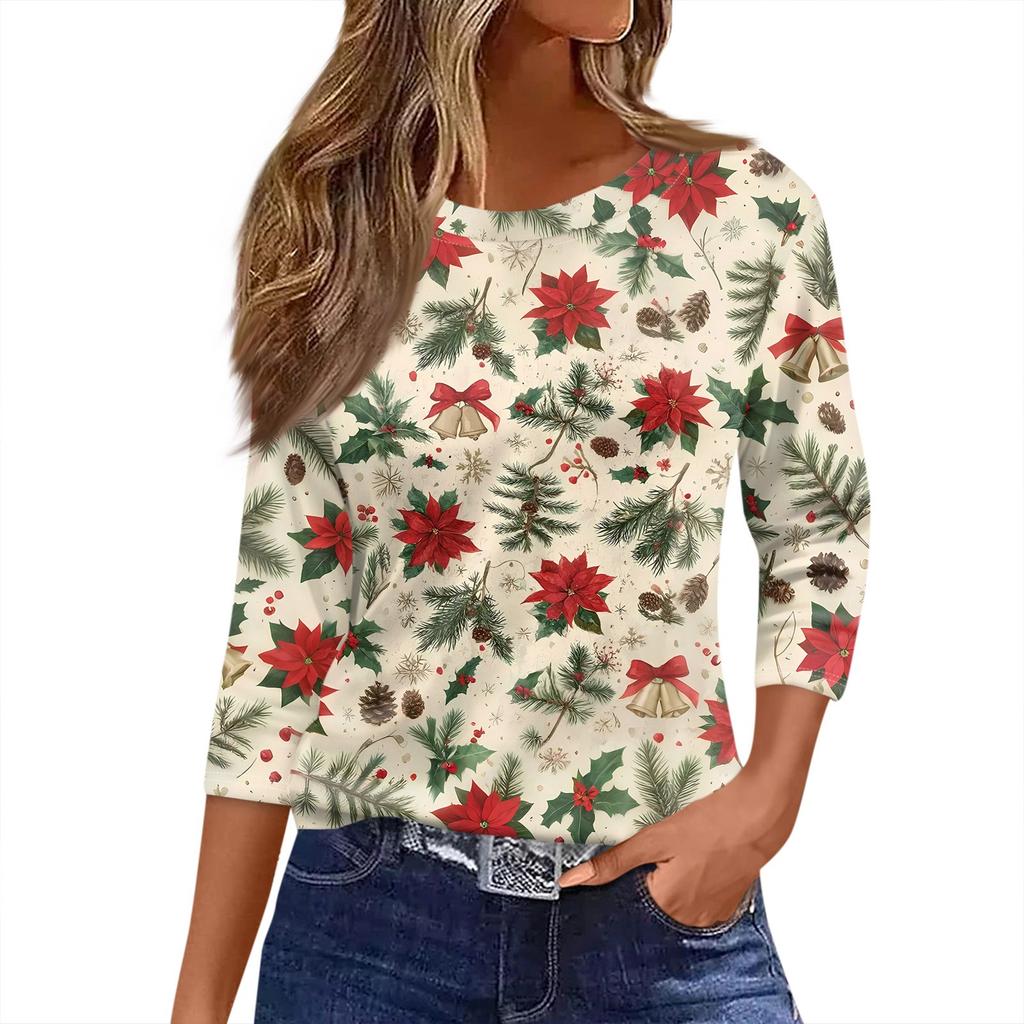 Women's T Shirt Christmas Print 3/4 Sleeve Daily Weekend Fashion Basic Round Neck Regular Top
