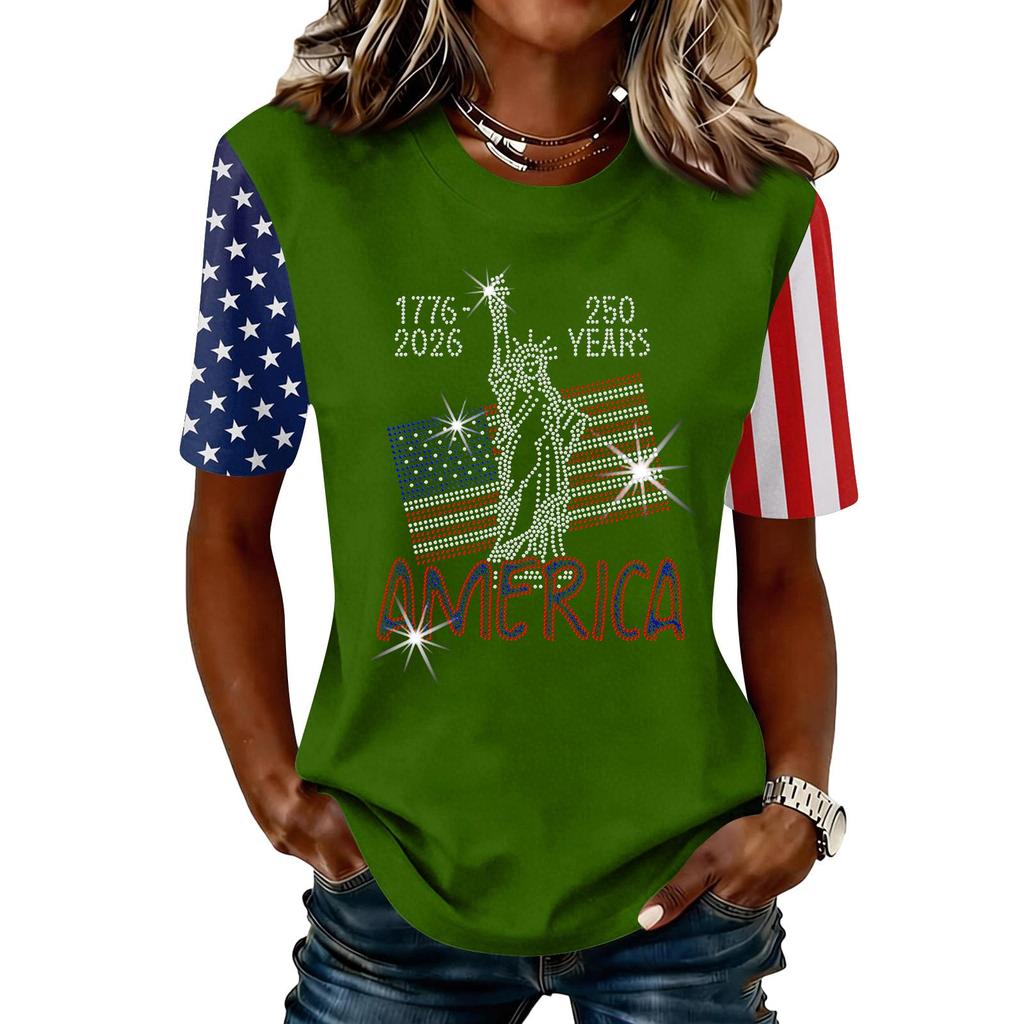 Blusa Feminina da Moda Casual de Manga Curta com Estampa e Gola Redonda