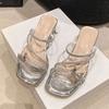 French Thick-heeled Slippers Women's Summer Wear 2025 New Fairy Style Bow Rhinestone Temperament High-heeled Crystal Sandals