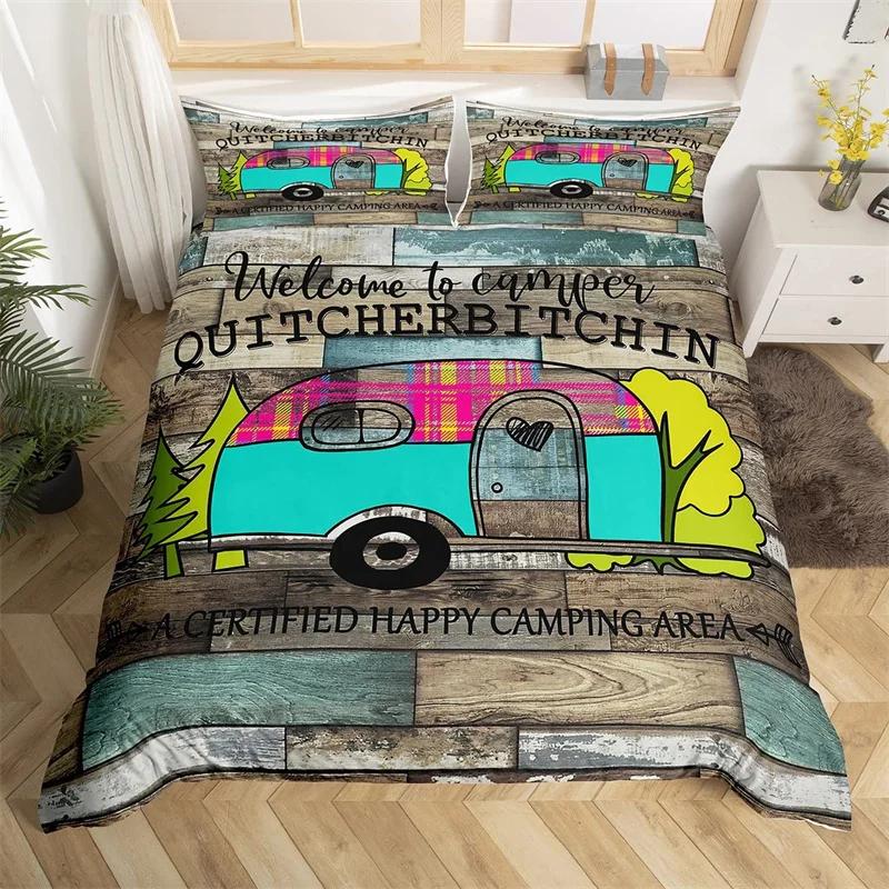 Camper Bedding Set Vintage Cabin Twin Full King Duvet Cover Cartoon Camp Travel Car Quilt Cover Farmhouse Style Comforter Cover