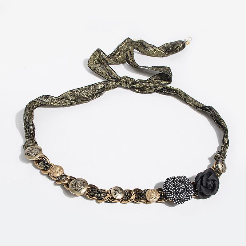 Ethnic Style Womens Silk Belt With Rose Flower Vintage Button Chain For Summer Fashion