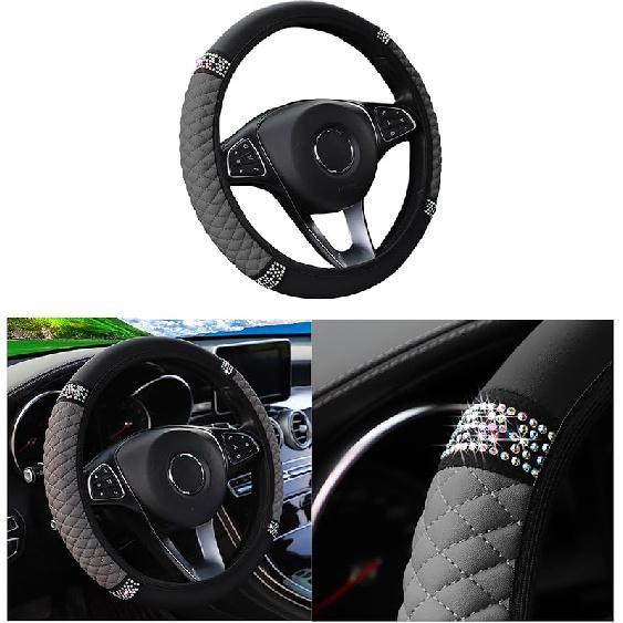 Bling Car Steering Wheel Cover, 15 Inch Rhinestones Soft Leather Elastic Steering Wheel Protector, Sparkly Crystal Diamond For Women Girls, Car