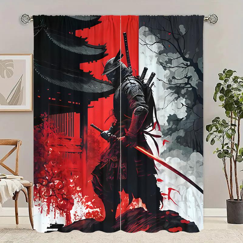 2pcs- Ink-wash style Sunset Warrior Polyester curtains, pole bag curtains 42*84, bedroom, living room, home room decoration