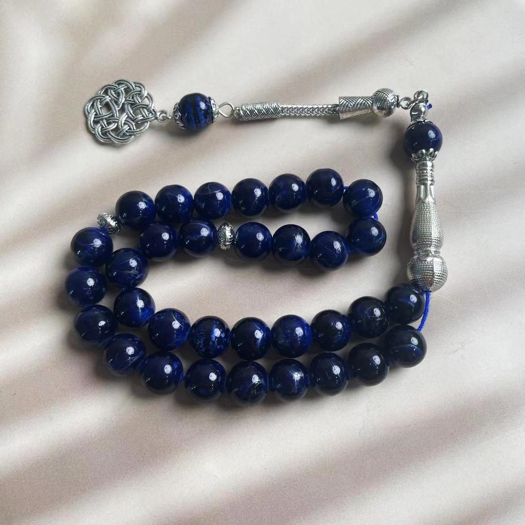 Green Veined Stone Islamic Prayer Beads Tesbih, Silver Celtic Knot Arabic Muslim Worship Rosary, Middle Eastern Jewelry Gift