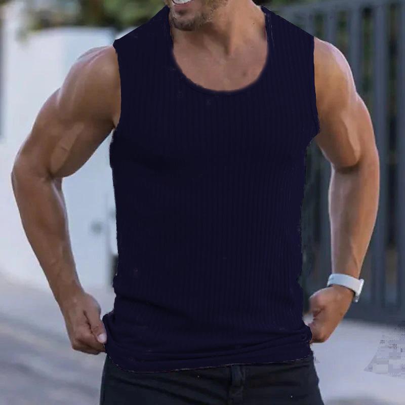 Summer Men's Sleeveless Wide Shoulder Knitted Stripe Fitness Sports Leisure Fit Tank Top