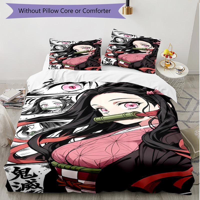 3pcs Duvet Cover Set (1*Duvet Cover + 2*Pillowcase, Without Core), Demon Slayer Print Soft All‑Season Bedding Set, Home Bedroom Decor Gift