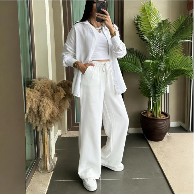 

Spring Fashion Women s Plus Size Two-Piece: Linen-Style Shirt & High-Waisted Loose Pants M білий