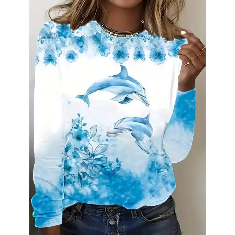 Rundhals 3D Tierdruck Top Lässige Langarm Damen T-Shirts - Weicher Mitteldehnbarer Polyesterstoff Frühling und Herbst Relaxed Fit Kleidung