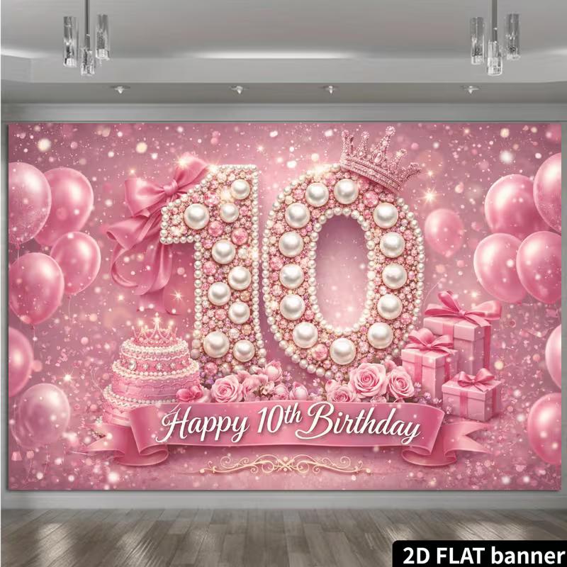 

2D Girls 10th Birthday Backdrop, Pearl Number & Rose Celebration Banner 47.2x31.5inch/120*80cm