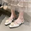 Mules for Women 2026 String Bead Square Heel Cover Toe Low High-Heeled Shoes Lady Flower Ladies' Slippers Block Slides Floral