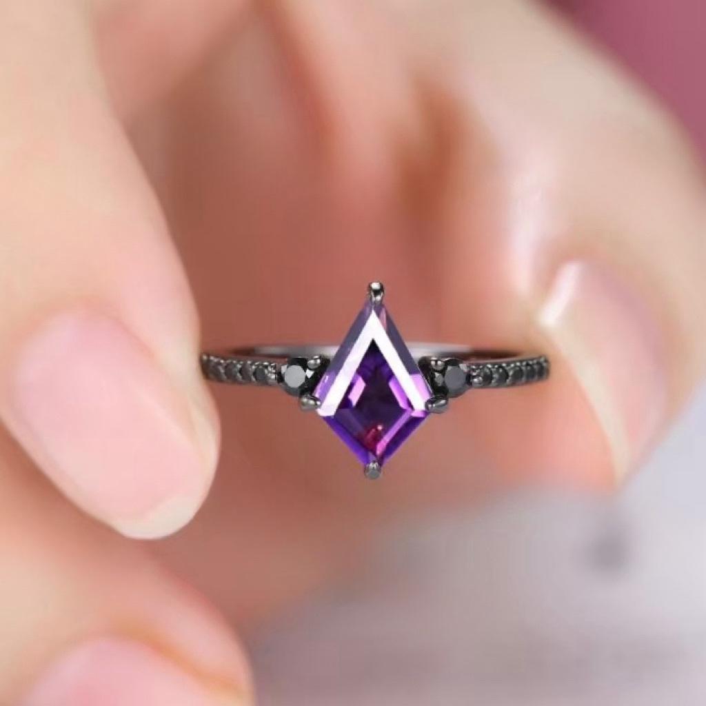 Three Heroes Retro Amethyst Gemstone & Diamond Couple Rings in Gun Black Finish