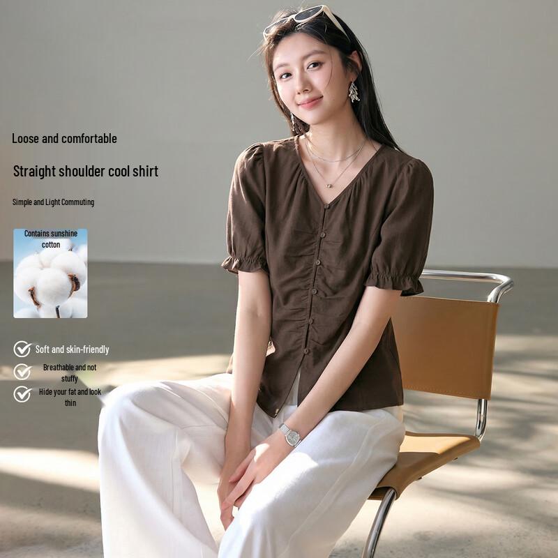 Women s V-Neck Micro Puff Sleeve Blouse M