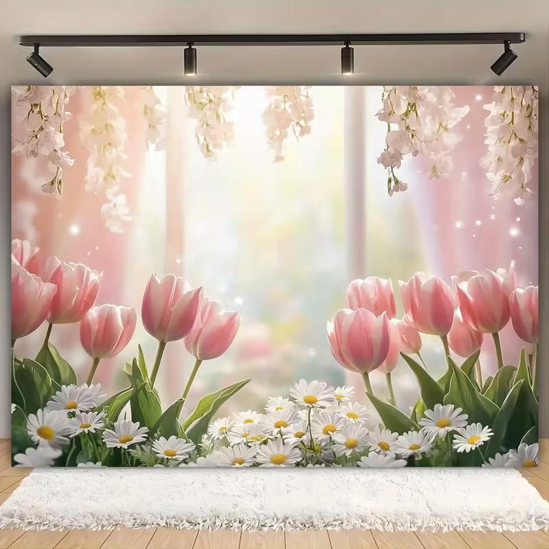 2D Pink Tulip & Daisy Photography Backdrop for Spring Party