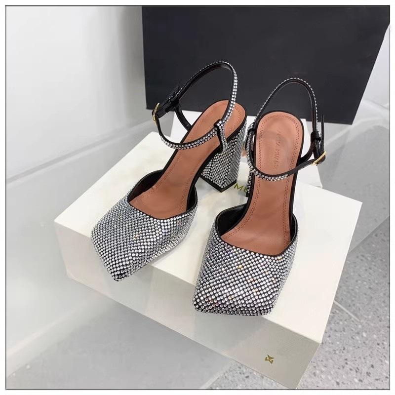 

European and American crystal diamond women s shoes 2025 summer new square head sexy Mary Jane high heels single shoes light mouth thick heel sandals 40 чёрный